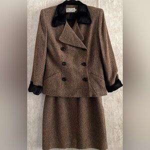 VTG TAIGA Paris Wool Blend Brown/Black Bouclé Weave Jacket Skirt Sz 6